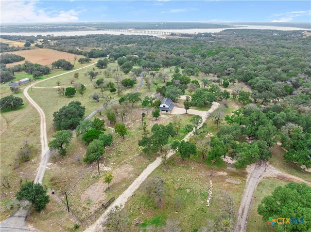 an aerial view of residential houses with outdoor space and trees