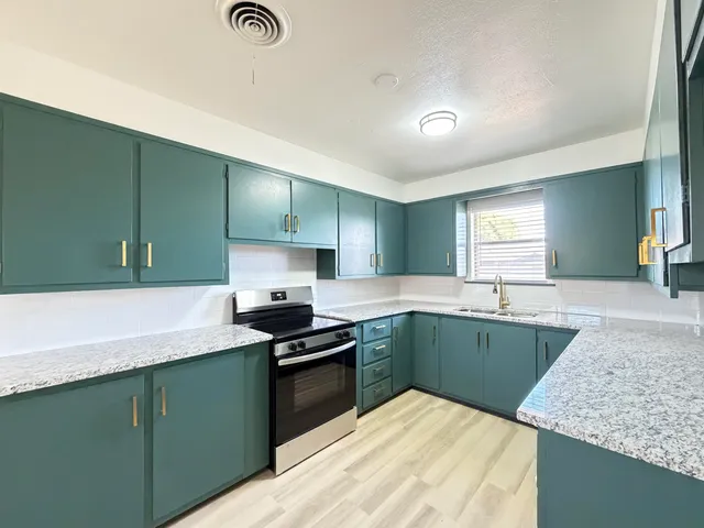 a kitchen with a stove and a sink