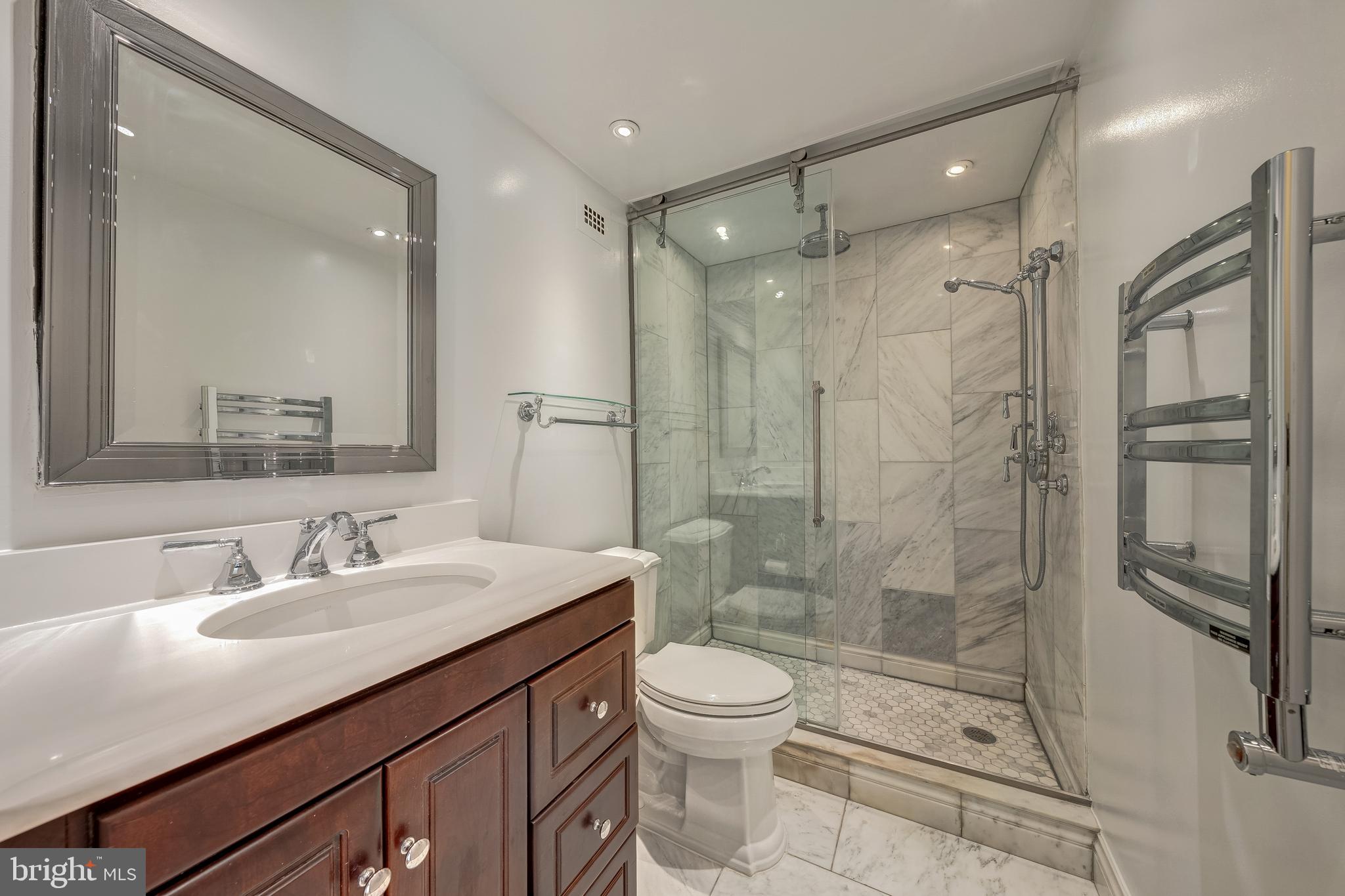 1200 North Nash Street, Unit 549 Arlington, VA 22209 - Photo 33 of 70 a bathroom with a shower sink vanity mirror and toilet