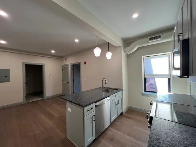 a kitchen that has a lot of cabinets and wooden floor