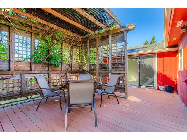 a backyard of a house with table and chairs