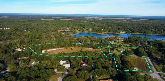 an aerial view of residential houses with outdoor space and trees