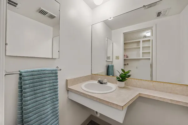 a bathroom with a sink and a mirror