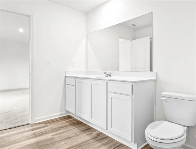 a bathroom with a sink a toilet a mirror and vanity