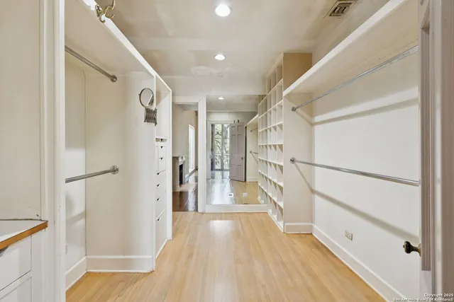 a view of a yard with plants and trees