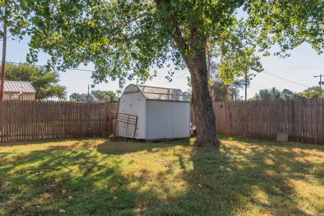 a view of a backyard with a small cabin and a chair