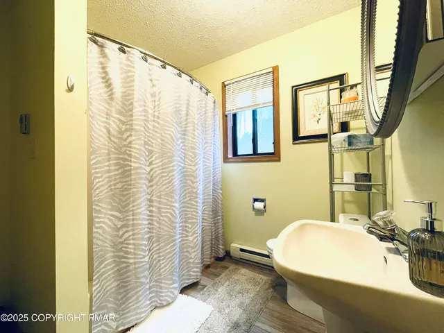 a bathroom with a sink a mirror and a shower