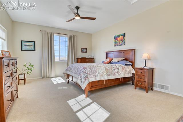 19410 Enoch Road Colorado Springs, CO 80930 - Photo 12 of 44 Bedroom with light carpet and ceiling fan