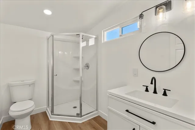 a bathroom with a sink a mirror a toilet and a shower