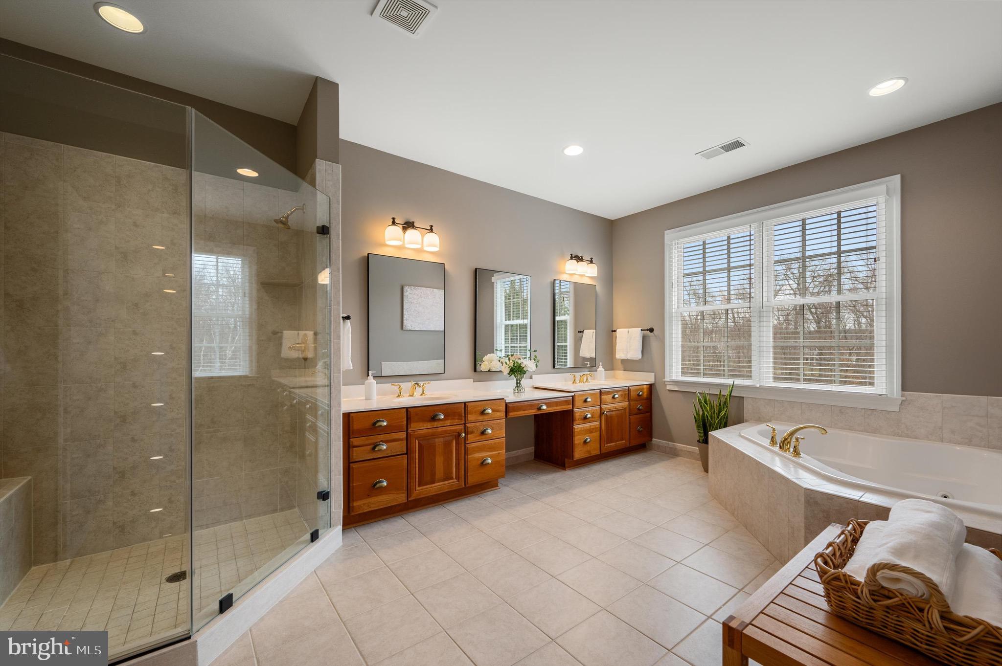20880 Eckbo Drive Leesburg, VA 20175 - Photo 7 of 10 a large spacious bathroom with a granite countertop tub sink shower and mirror
