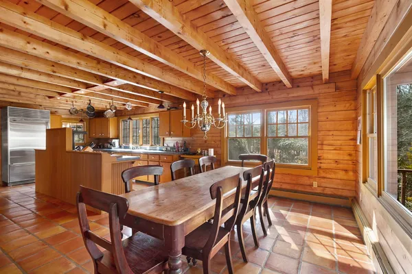 a view of a dining room with furniture window and outside view