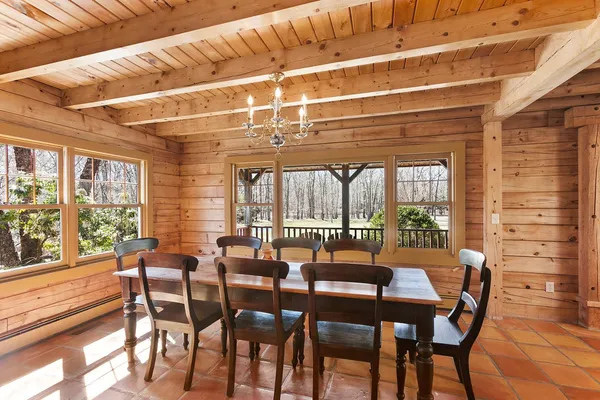 a view of a dining room with furniture large windows and wooden floor
