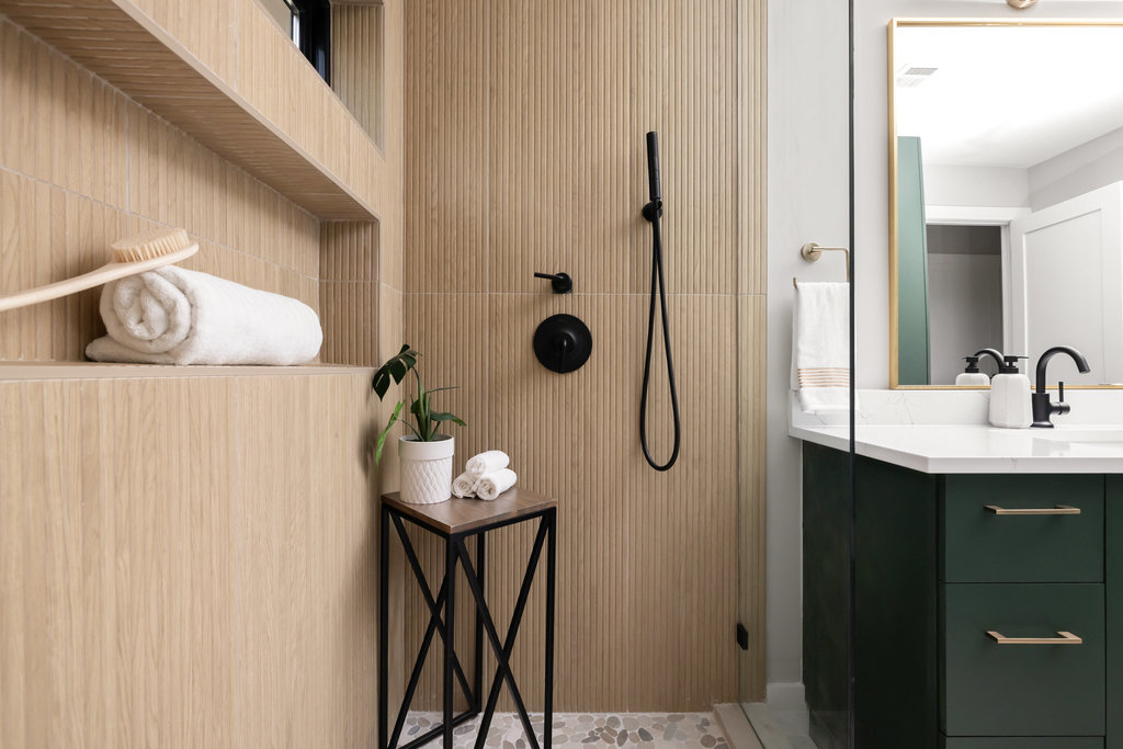 1401 East 3rd Street, Unit 1 Austin, TX 78702 - Photo 25 of 40 Bathroom featuring vanity, walk in shower, and tile patterned floors