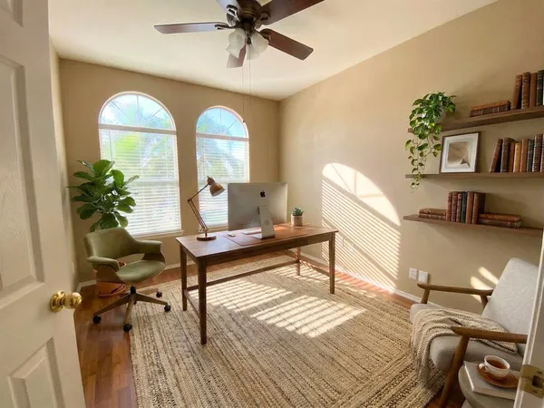 a living room with furniture and a potted plant