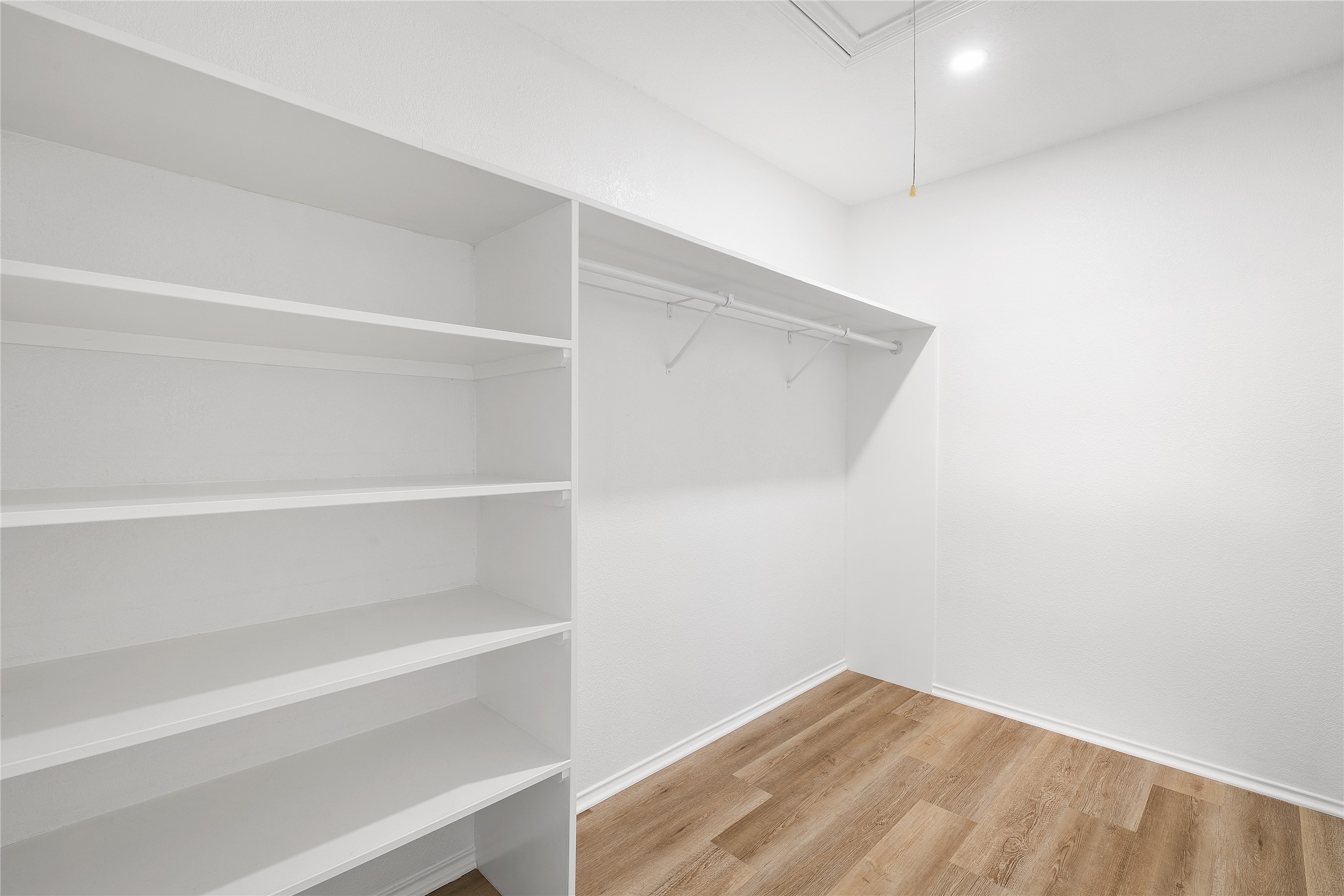 206 River Down Road Georgetown, TX 78628 - Photo 32 of 39 Walk-in closet featuring built-in shelving, a clothes rod with a shelf, wood-finish flooring, and white walls