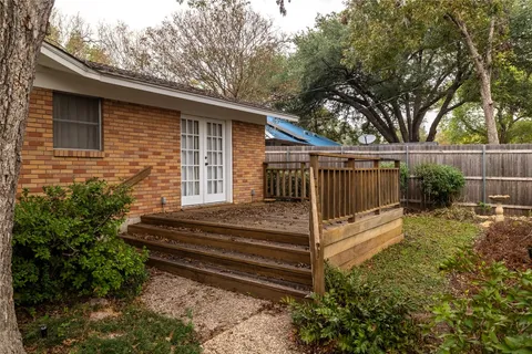 a view of backyard with potted plants and a large tree