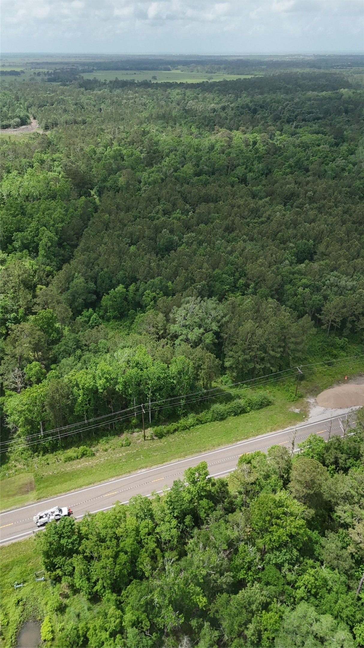 7644 Fm 562 Anahuac, TX 77514 - Photo 6 of 9 This aerial photo showcases a vast expanse of lush, wooded land with a roadway running through it. The area is surrounded by dense greenery, offering privacy and a natural setting, ideal for those seeking a serene environment.