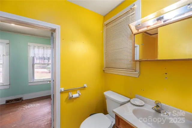 a bathroom with a sink mirror vanity and toilet