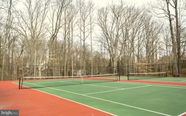 a view of a tennis ground with large trees