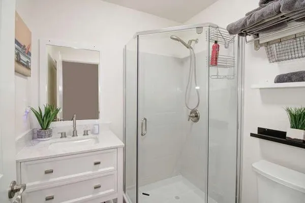 a bathroom with a shower sink vanity and mirror