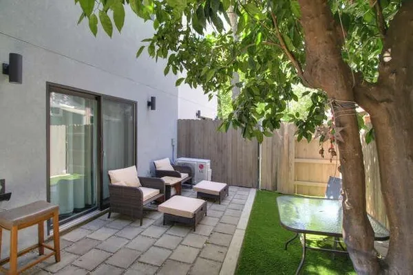 a backyard of a house with table and chairs