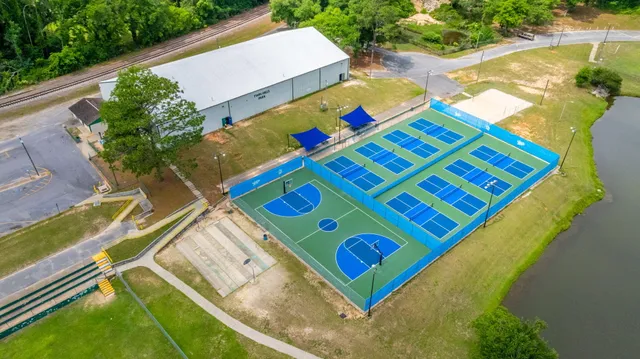 an aerial view of a house with a swimming pool