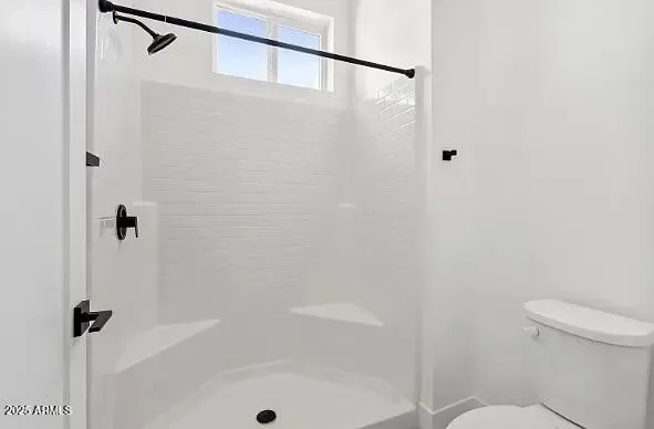 a bathroom with a shower and a toilet