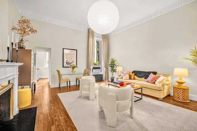 a living room with furniture and a potted plant