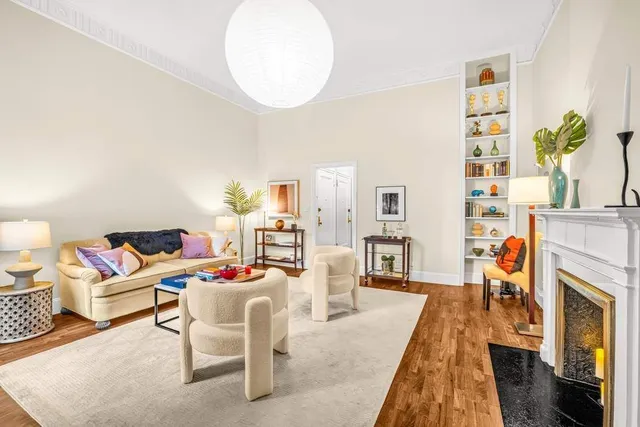 a living room with furniture a fireplace and a potted plant