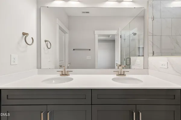 a bathroom with a double vanity sink mirror and shower