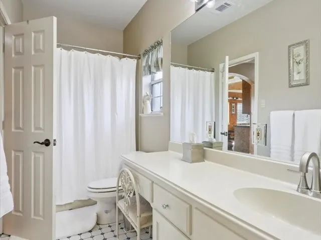 a bathroom with a sink a toilet and shower curtain