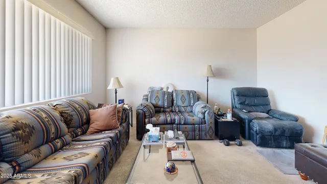 a living room with furniture and a lamp