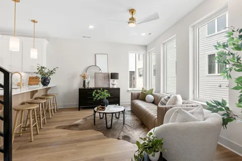 a living room with furniture and a potted plant
