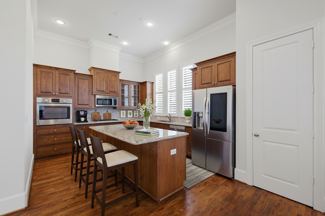 5606 Cohn Terrace Houston, TX 77007 - Photo 15 of 39 a kitchen with stainless steel appliances granite countertop a refrigerator a stove top oven a sink and dishwasher with wooden floor