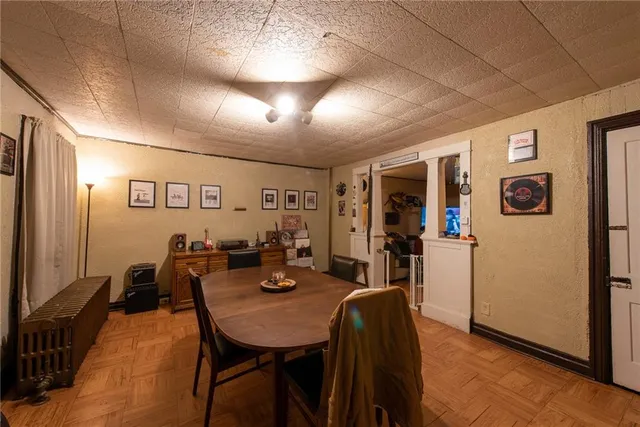 a view of a dining room with furniture