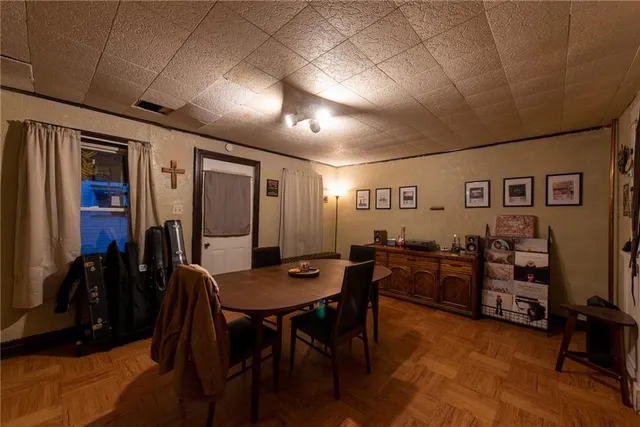 a view of a dining room with furniture