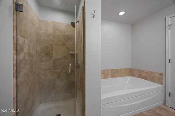 a bathroom with a bathtub and a shower