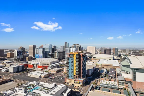 a city view with tall buildings