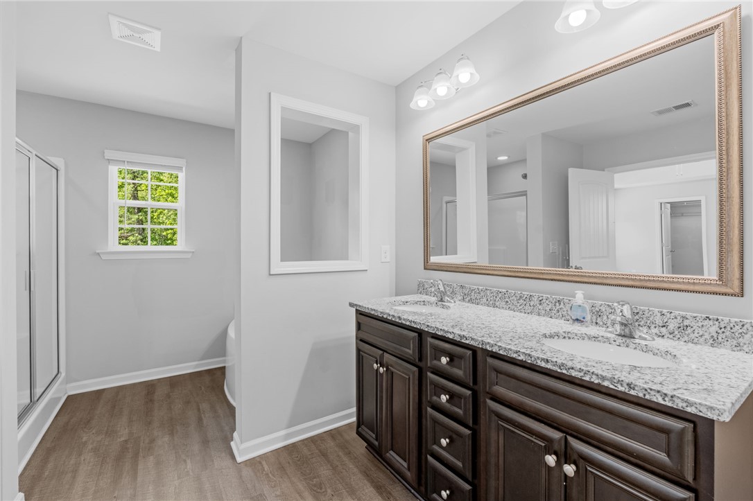 1237 Madden Bridge Road Central, SC 29630 - Photo 32 of 46 This primary bathroom features a double vanity with granite counters, modern cabinetry, and ample natural light.