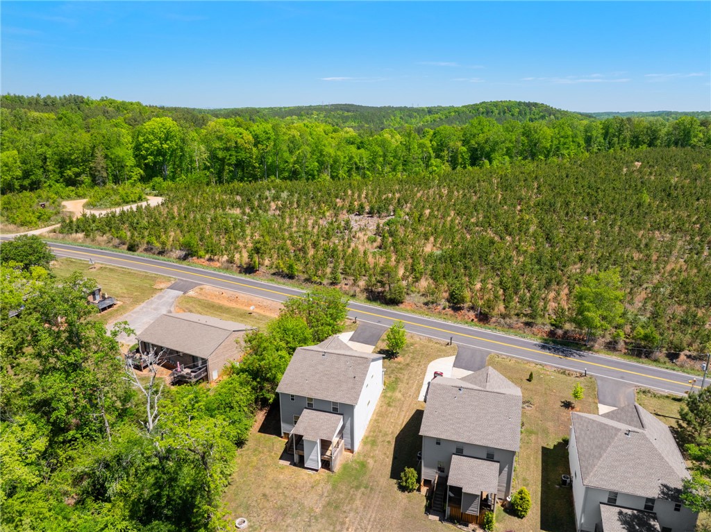 1237 Madden Bridge Road Central, SC 29630 - Photo 44 of 46 An aerial view showcases homes nestled by a road, framed by lush green trees and a clear blue sky.