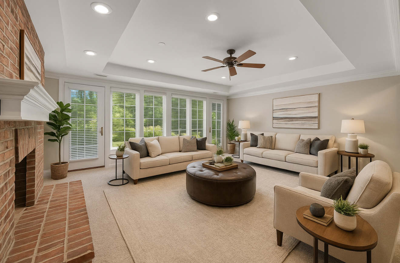 39W599 Walt Whitman Road St. Charles, IL 60175 - Photo 36 of 74 a living room with furniture a fireplace and a floor to ceiling window