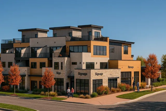 a front view of a building with street view
