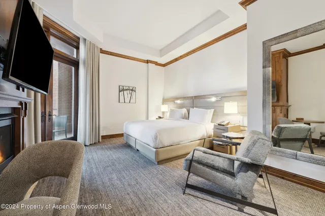 a bedroom with a bed a flat screen tv and couches