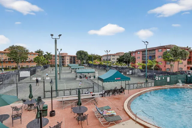 an outdoor space with seating space