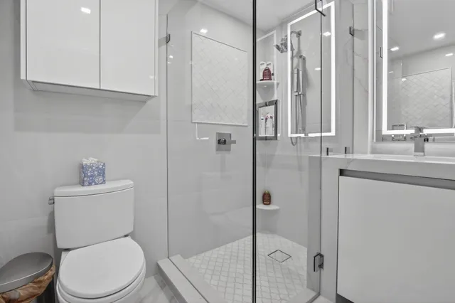 a bathroom with a toilet a sink and shower