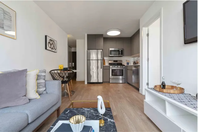 a living room with furniture and a kitchen