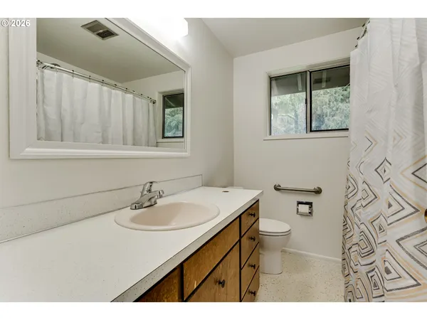 a bathroom with a sink a toilet and a mirror