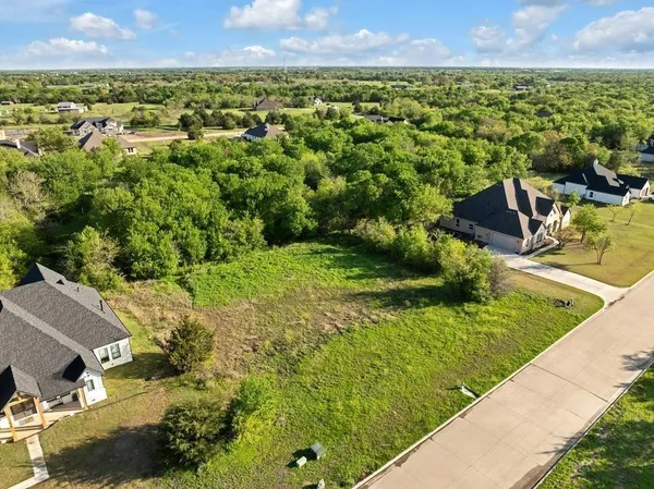 an aerial view of residential houses with outdoor space and trees