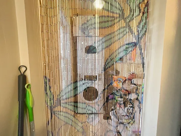 a bathroom with a shower curtain