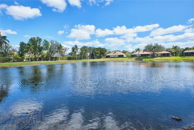 a view of a lake with houses in the background